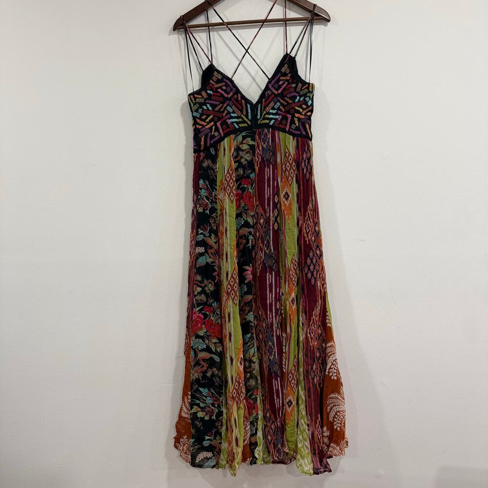 Anthropologie Boho Multi Print V-Neck Maxi Dress Size US 2 - Picture 9 of 11